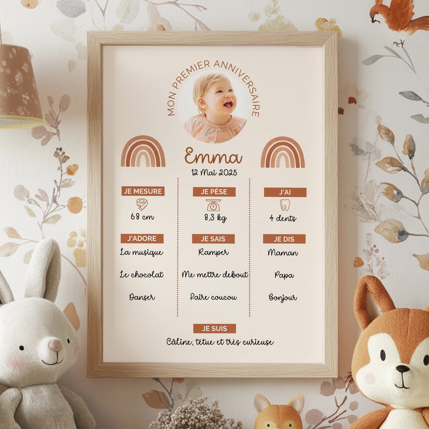 Affiche 1er anniversaire fille personnalisée avec photo et arc-en-ciel terracotta