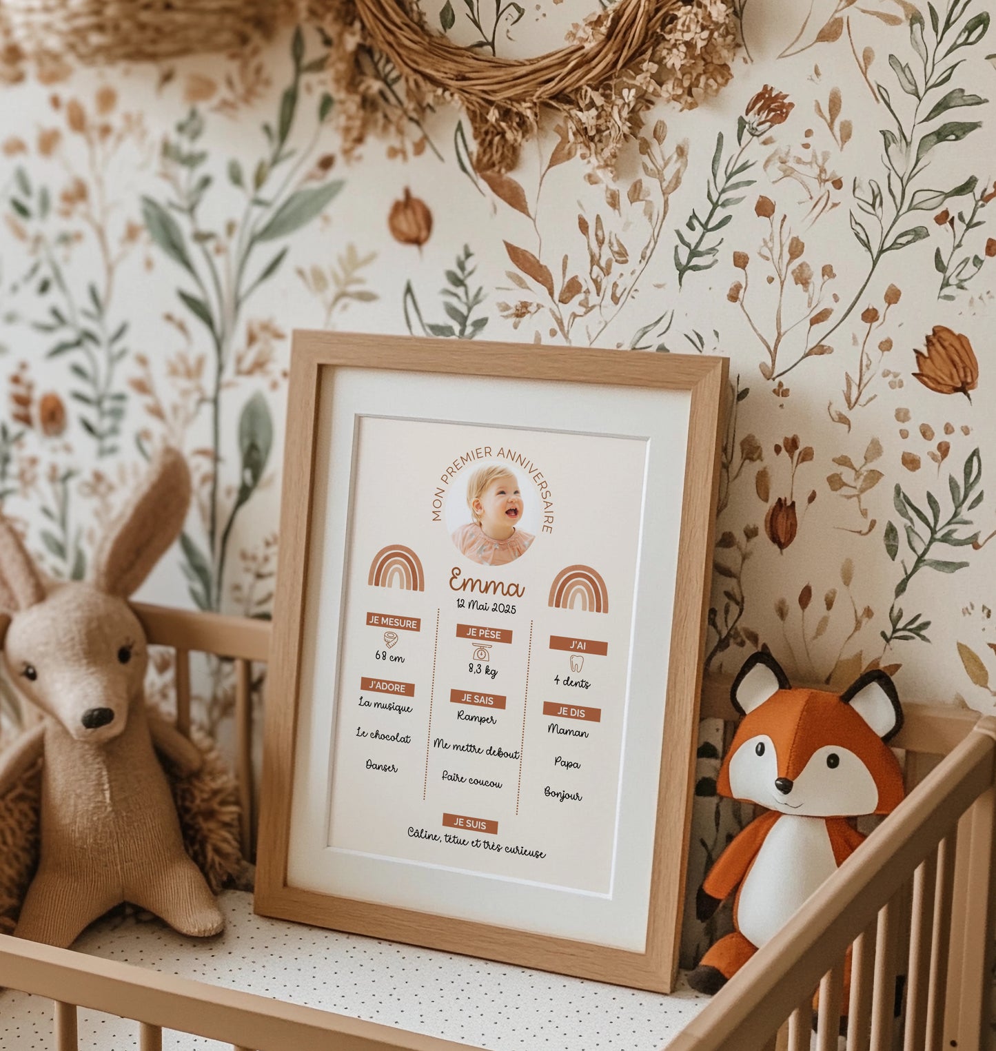 Affiche souvenir 1 an bébé personnalisée style bohème