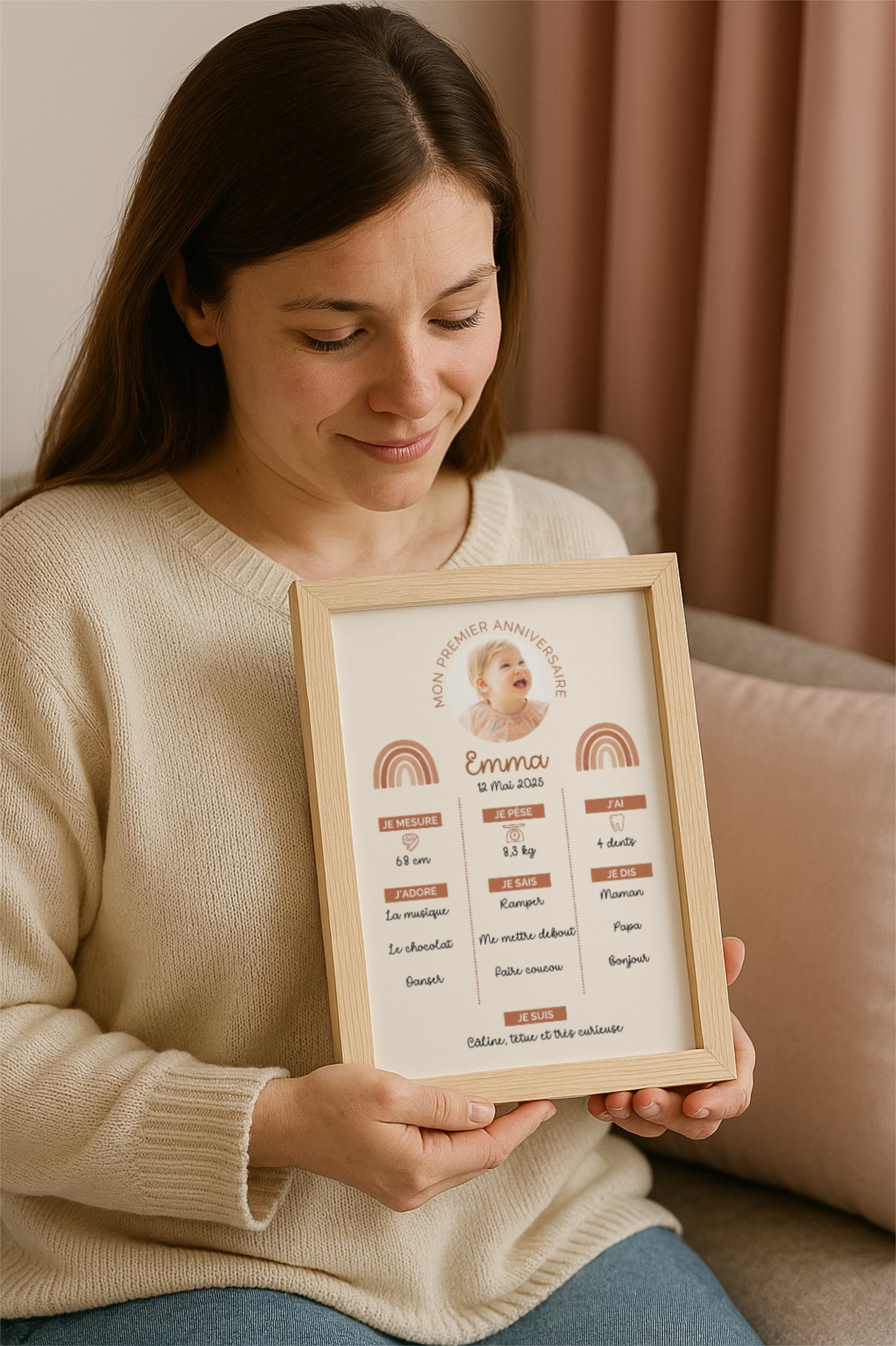affiche anniversaire bébé avec poids, taille, mots et passions
