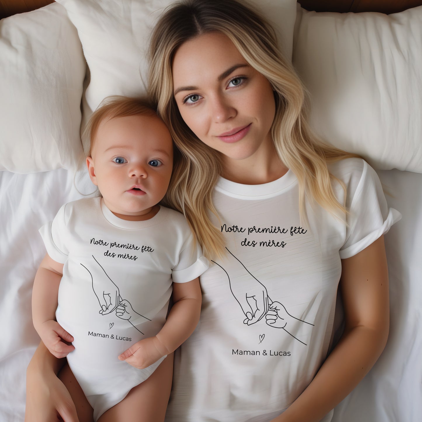 Tenues coordonnées mère-enfant " notre première fête des mères " – illustration mains enlacées