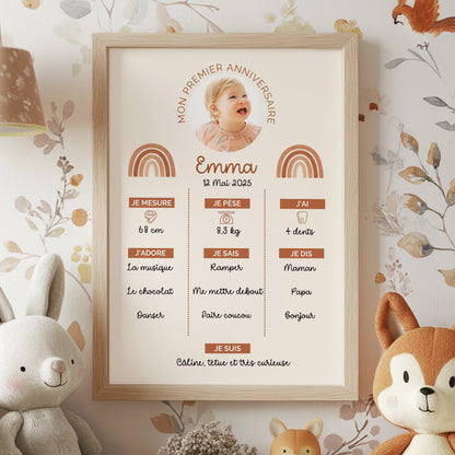 Affiche 1er anniversaire fille personnalisée avec photo et arc-en-ciel terracotta