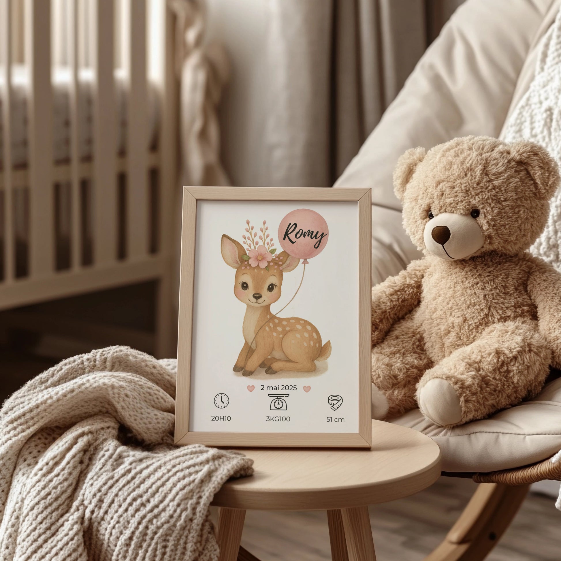 Affiche naissance fille personnalisée biche  et ballon