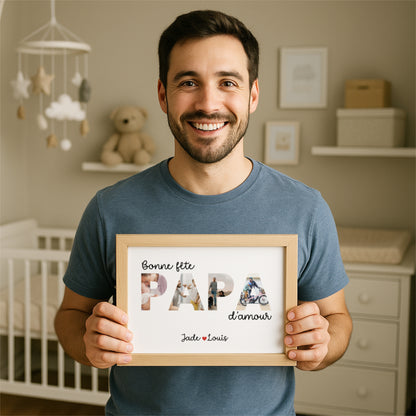 Homme tenant un cadre avec affiche photos Bonne fête Papa d'amour