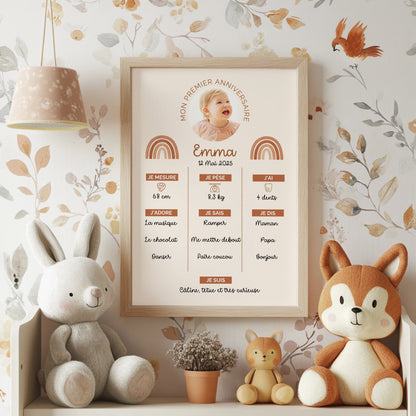 Portrait bébé avec affiche premier anniversaire personnalisée