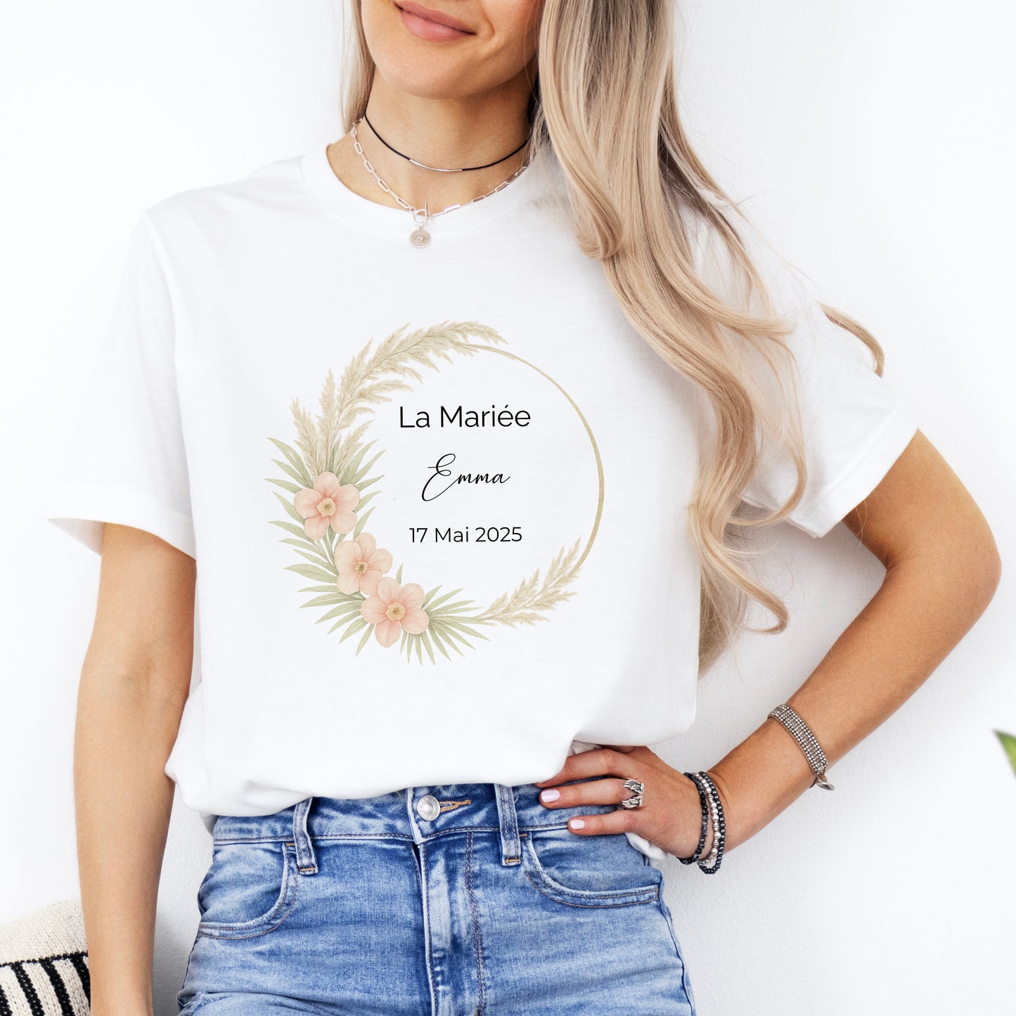 T-shirt future mariée& EVJF personnalisé avec couronne de fleurs pampas