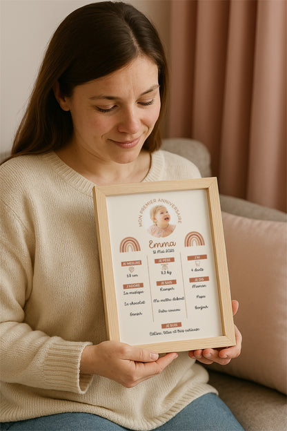 affiche anniversaire  bébé avec poids, taille, mots et passions