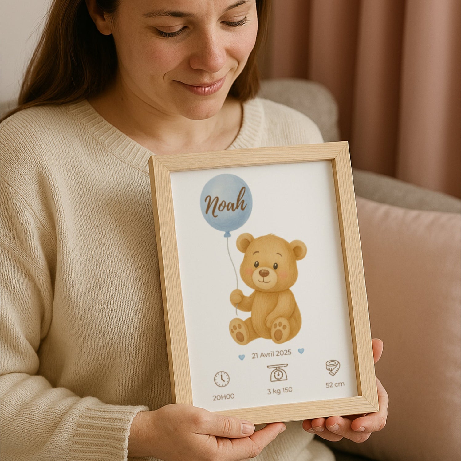 Illustration douce d’un ourson pour décoration de chambre bébé, affiche naissance format A4