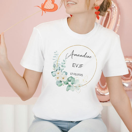 T-shirt EVJF personnalisé avec prénom, date et cercle floral eucalyptus